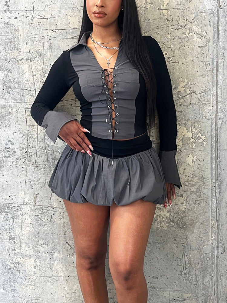 Lace-Up Top & Bubble Skort Set Gray* / S