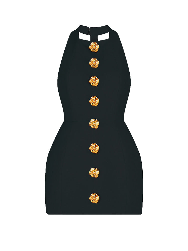 Halter Gold Button Mini Dress White / XL
