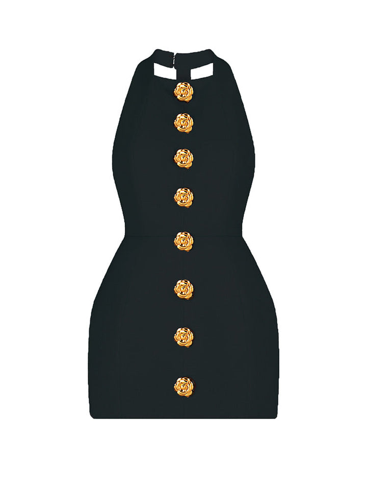 Halter Gold Button Mini Dress White / XL