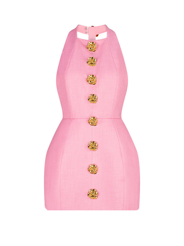 Halter Gold Button Mini Dress *Black / M
