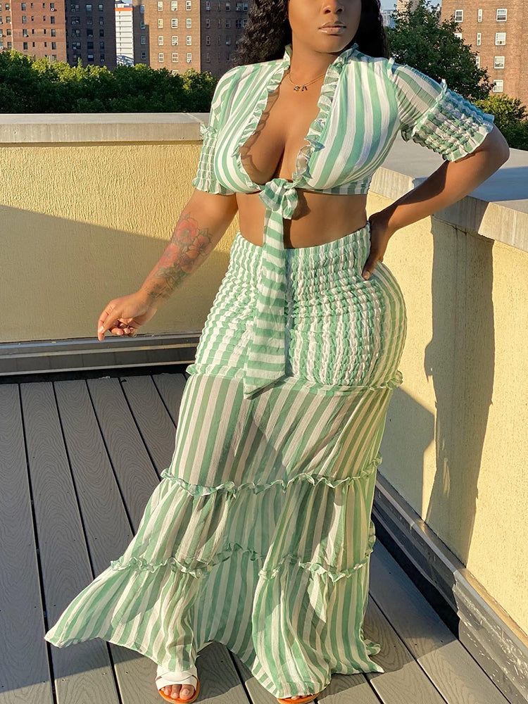 Striped Crop Top Ruffle Skirt Set Green / L