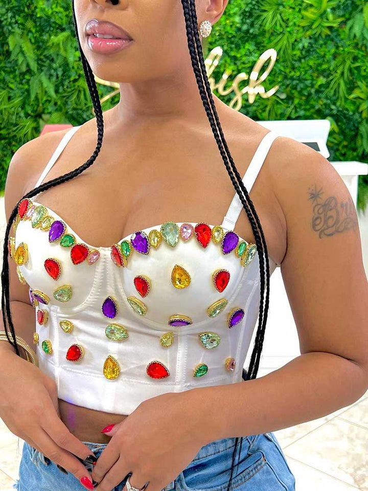 Bejeweled Spaghetti Strap Top White / S