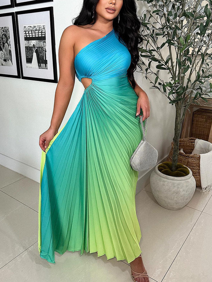 Ombre One Shoulder Pleated Dress Orange / M