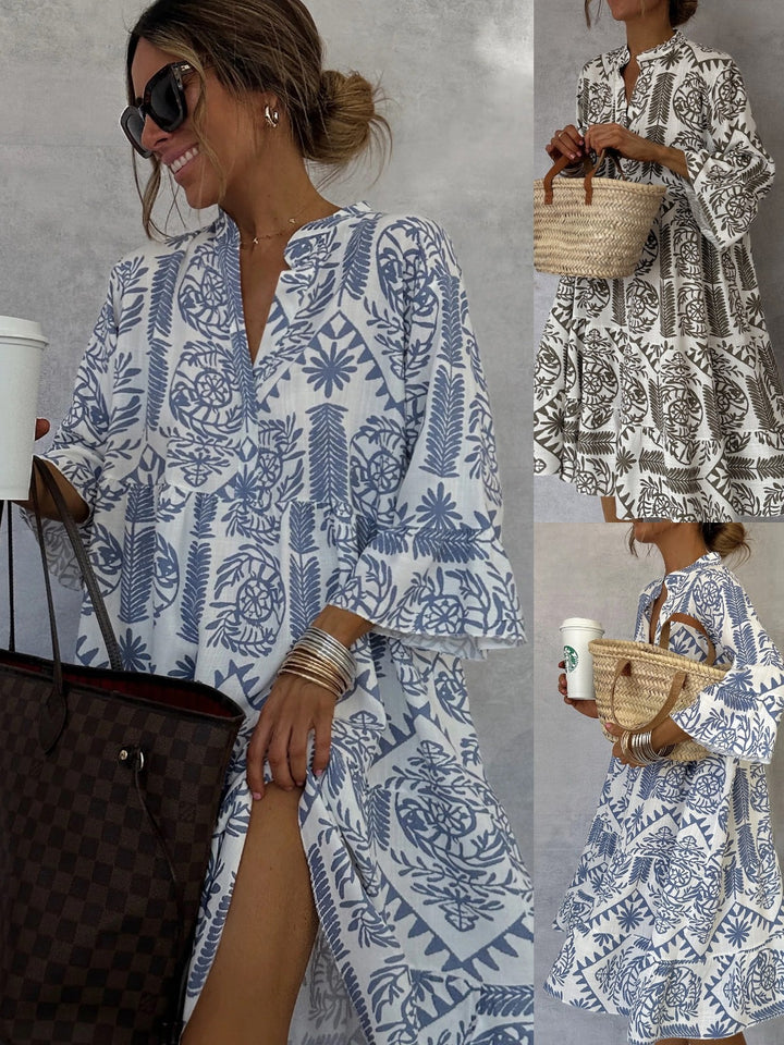 Printed Three-Quarter Sleeve Shirt Dress