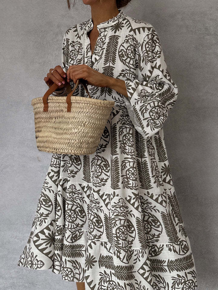 Printed Three-Quarter Sleeve Shirt Dress
