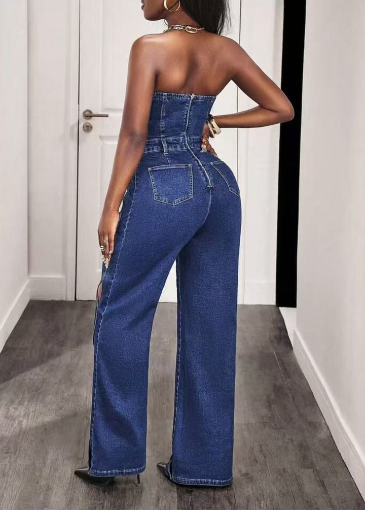 Straight-Leg Twisted Lace-Up Denim Jumpsuits