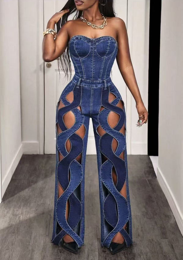 Straight-Leg Twisted Lace-Up Denim Jumpsuits