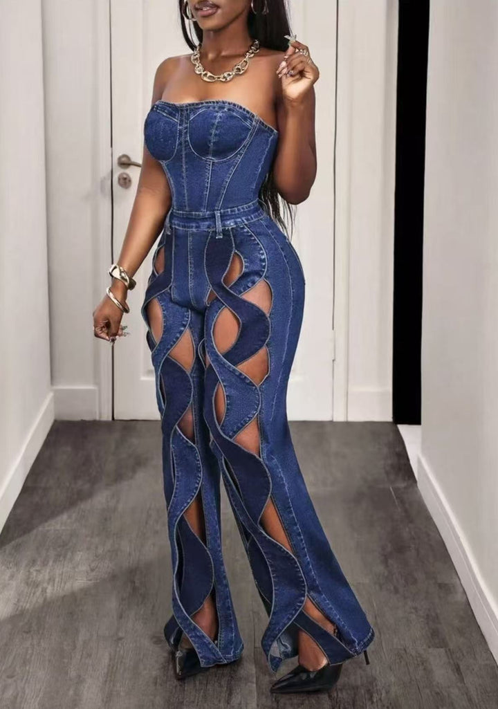 Straight-Leg Twisted Lace-Up Denim Jumpsuits