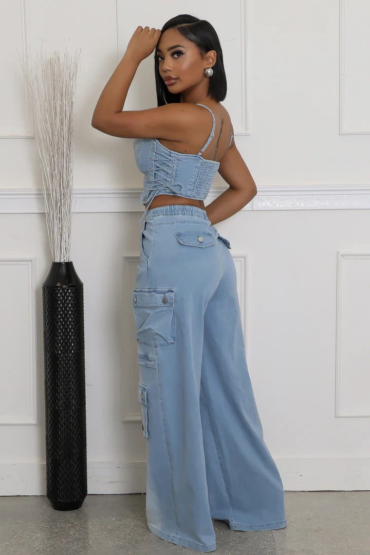 Strapless Pocket Straight-Leg Denim Sets