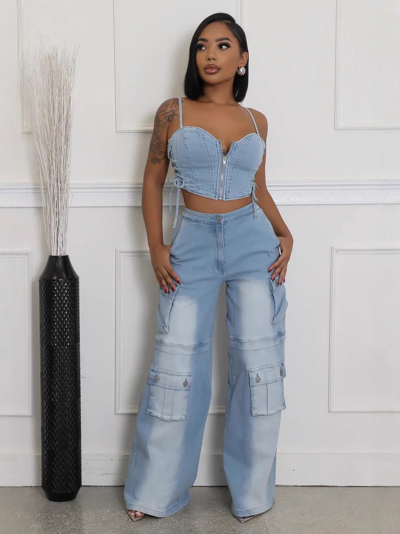 Strapless Pocket Straight-Leg Denim Sets