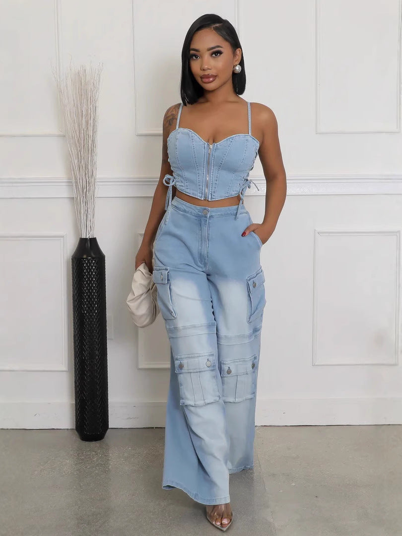 Strapless Pocket Straight-Leg Denim Sets