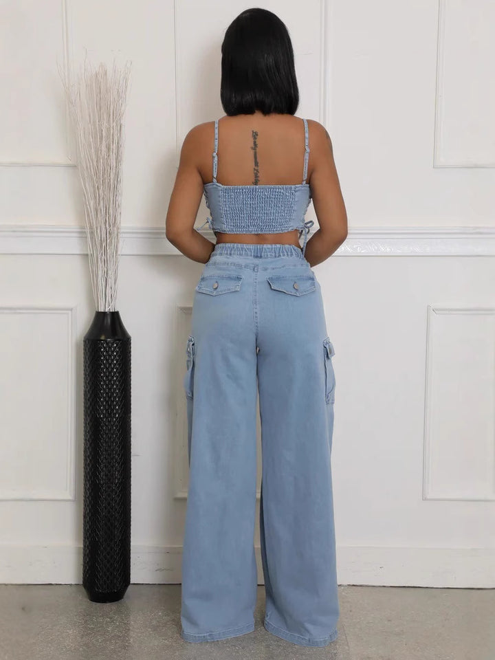 Strapless Pocket Straight-Leg Denim Sets
