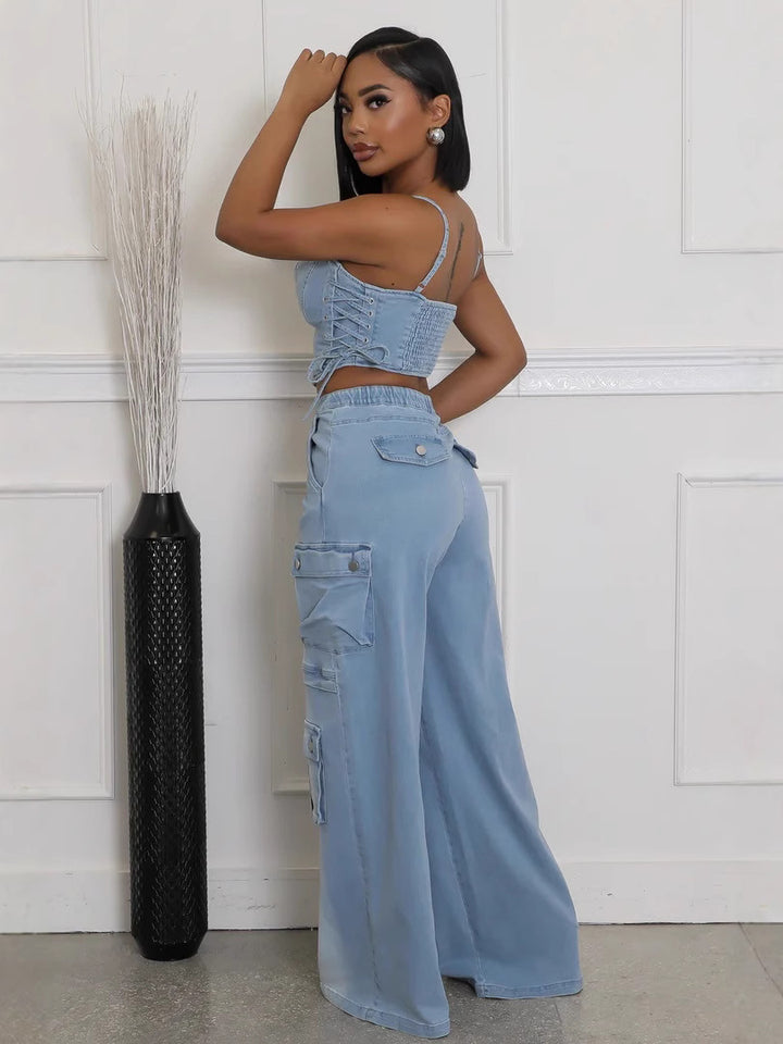 Strapless Pocket Straight-Leg Denim Sets