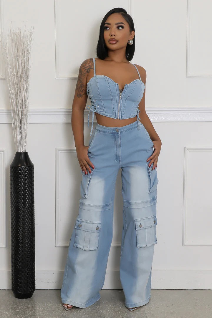 Strapless Pocket Straight-Leg Denim Sets