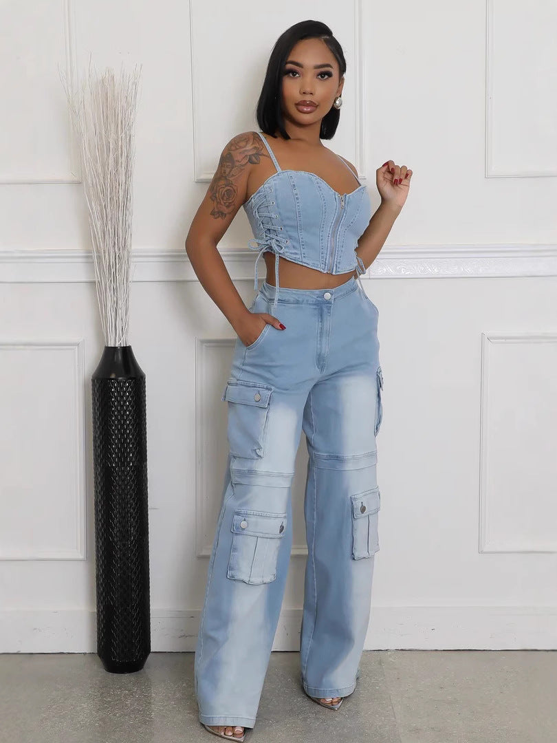Strapless Pocket Straight-Leg Denim Sets
