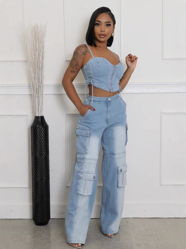 Strapless Pocket Straight-Leg Denim Sets