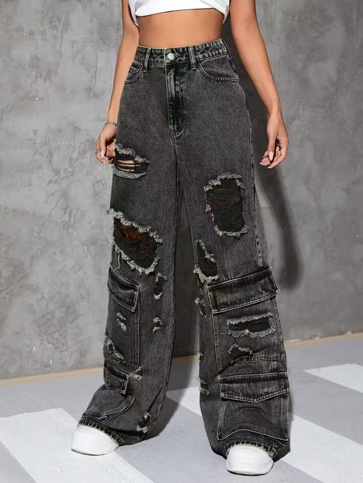 Solid-Color Distressed Denim Jeans