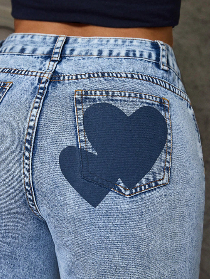 Loose Fit Heart-Print Jeans
