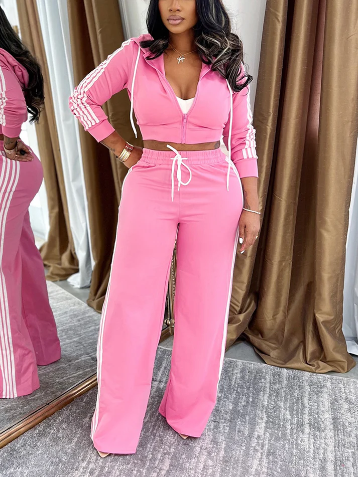 Stripes Crop Hoodie & Wide Pants Sets