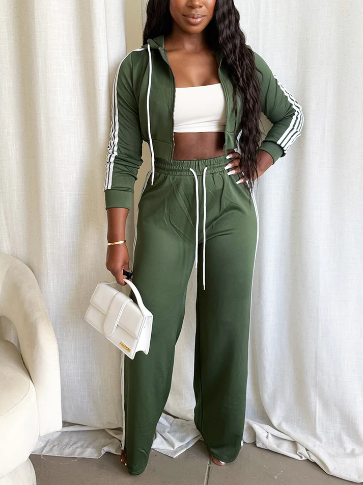 Stripes Crop Hoodie & Wide Pants Sets