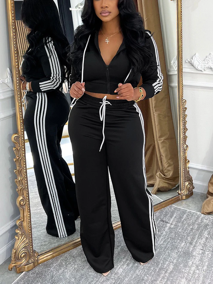 Stripes Crop Hoodie & Wide Pants Sets