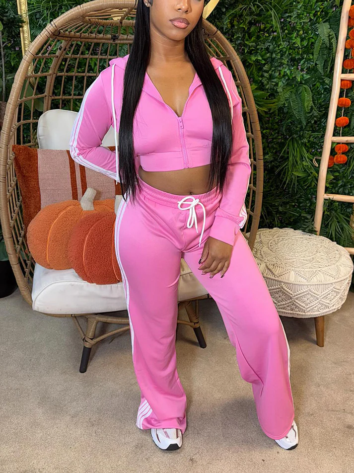 Stripes Crop Hoodie & Wide Pants Sets