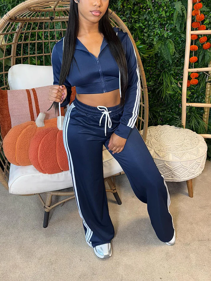 Stripes Crop Hoodie & Wide Pants Sets