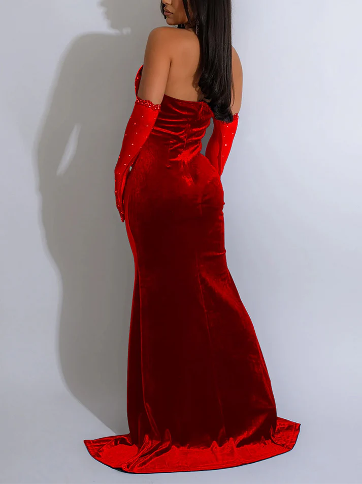 Velvet Rhinestone Slit Dresses