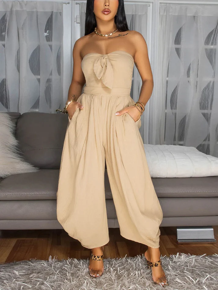 Brunch Tie-Front Strapless Jumpsuits