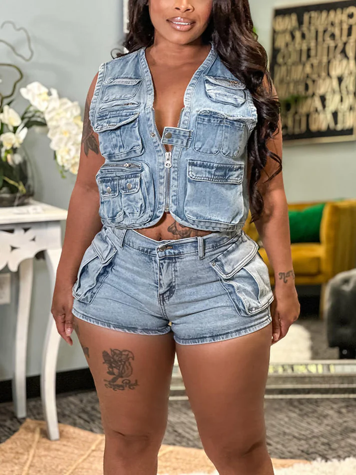 Denim Cargo Vest Shorts Sets