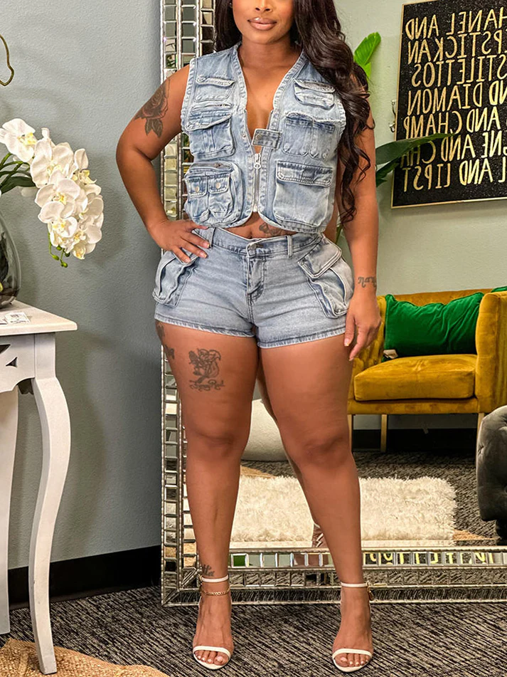 Denim Cargo Vest Shorts Sets