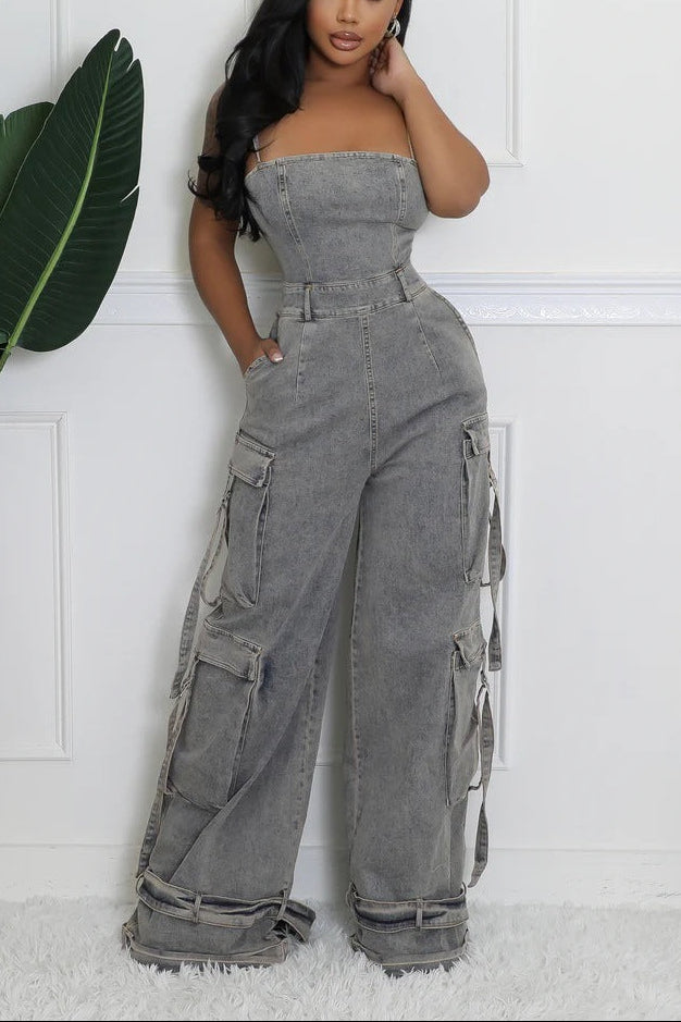 Solid-color Waist-cinching Jumpsuits