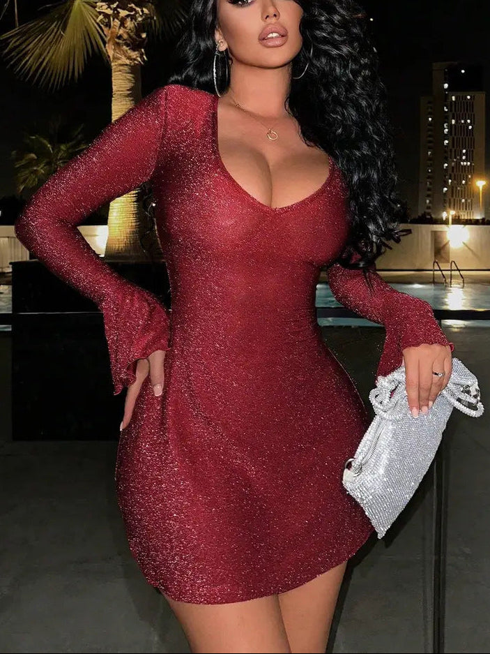 Solid-Color Long-Sleeve Fitted Mini Dresses