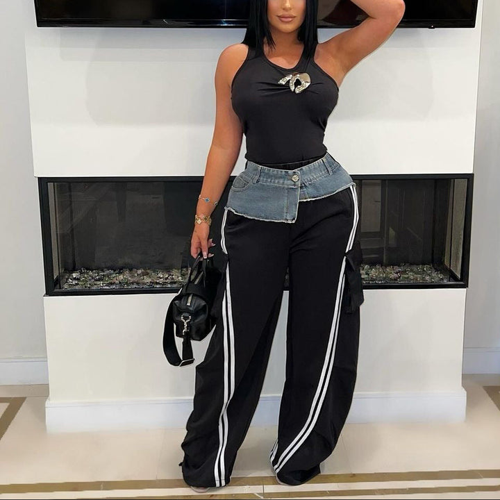 Denim Patchwork Relaxed Straight-Leg Pants