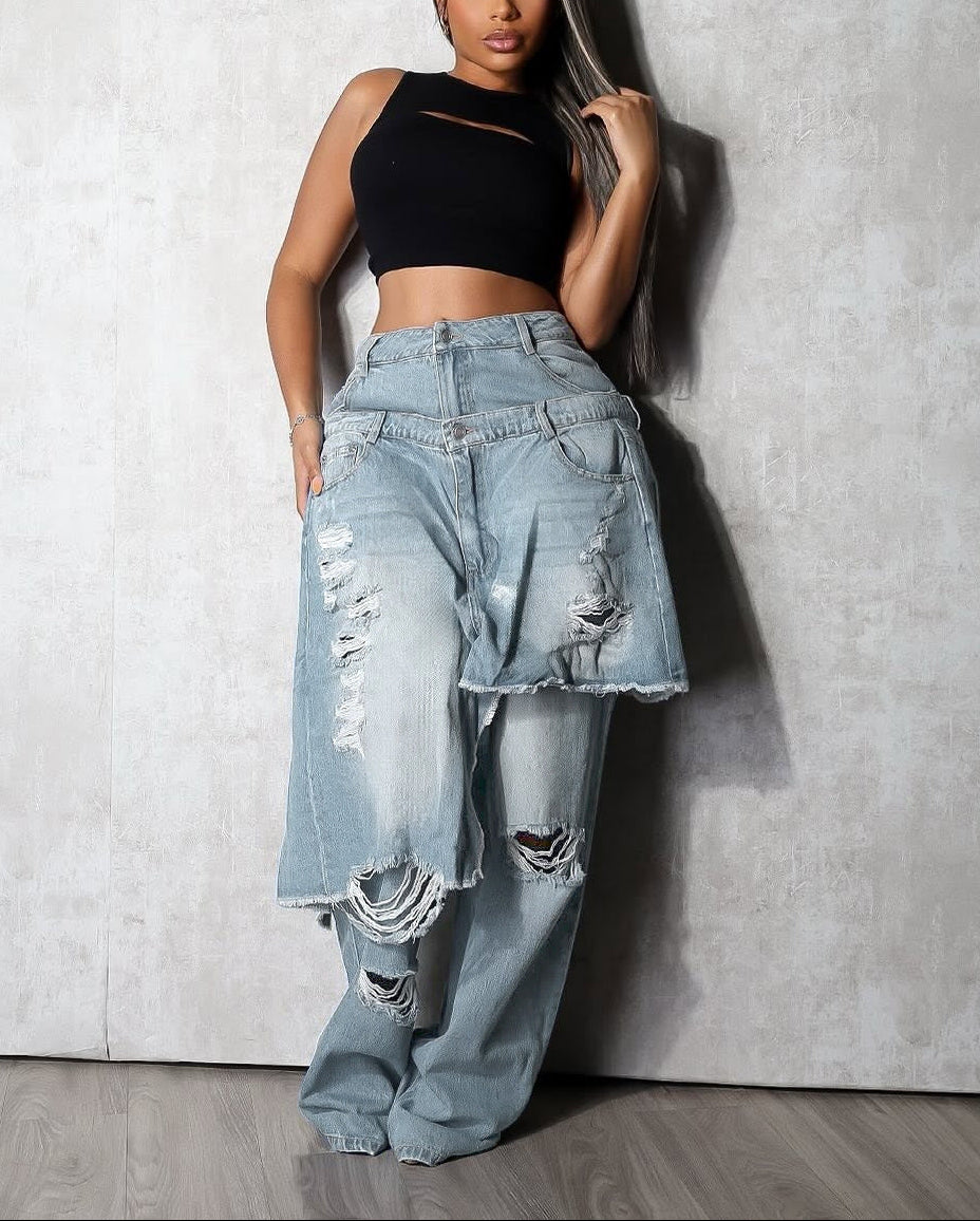 Distressed Patchwork Decorative Jeans