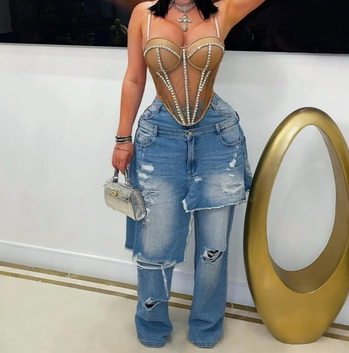 Distressed Patchwork Decorative Jeans