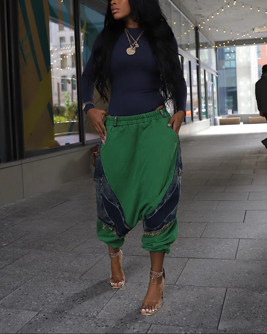 Patchwork Denim Harem Pants