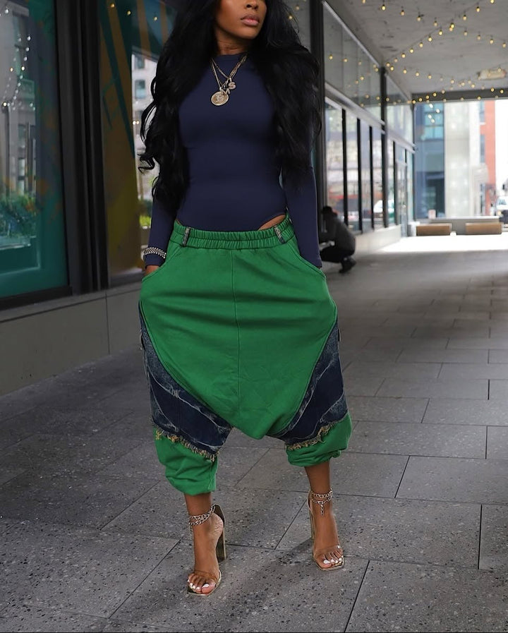 Patchwork Denim Harem Pants