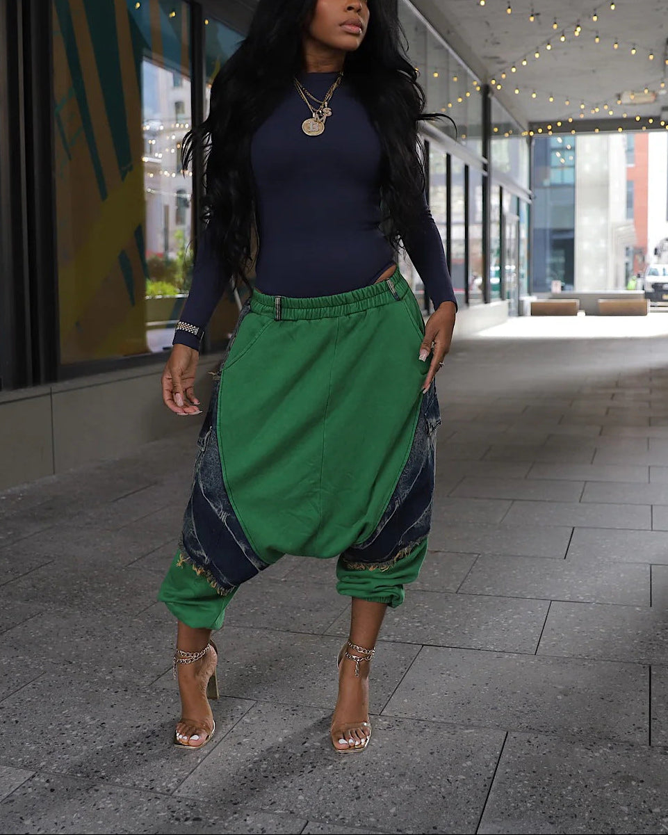 Patchwork Denim Harem Pants