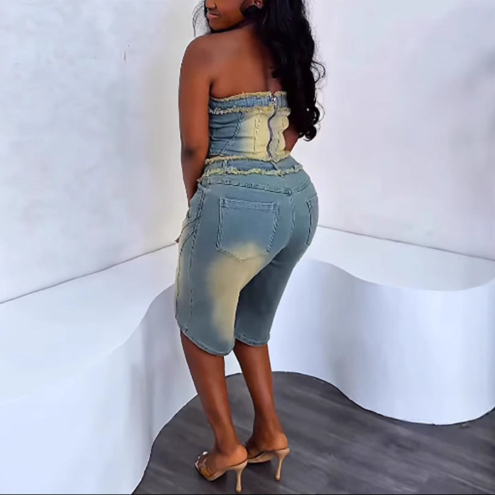 Frayed Top with High-Waisted Denim Shorts Sets