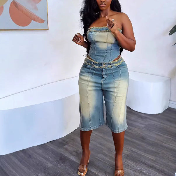 Frayed Top with High-Waisted Denim Shorts Sets