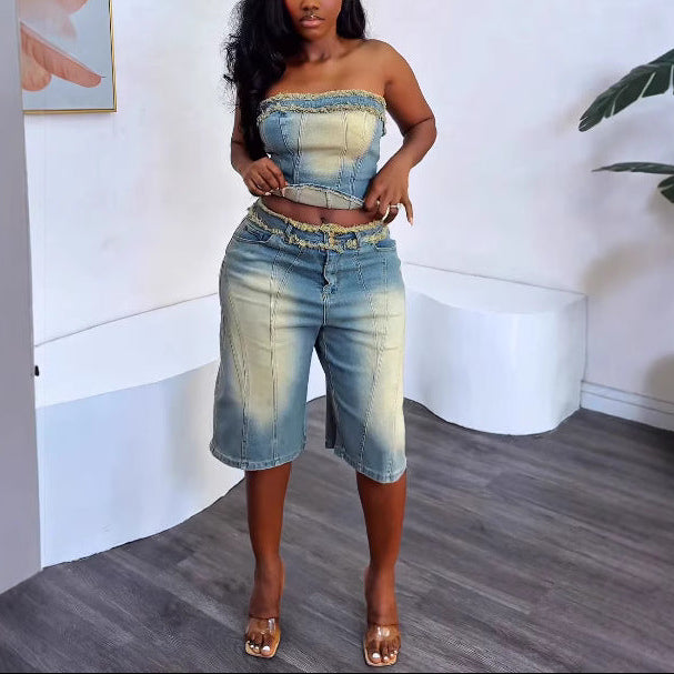 Frayed Top with High-Waisted Denim Shorts Sets