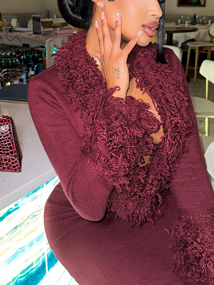 Knit Fringed Trim Maxi Dresses