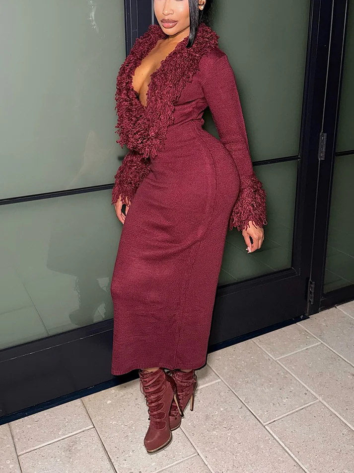 Knit Fringed Trim Maxi Dresses