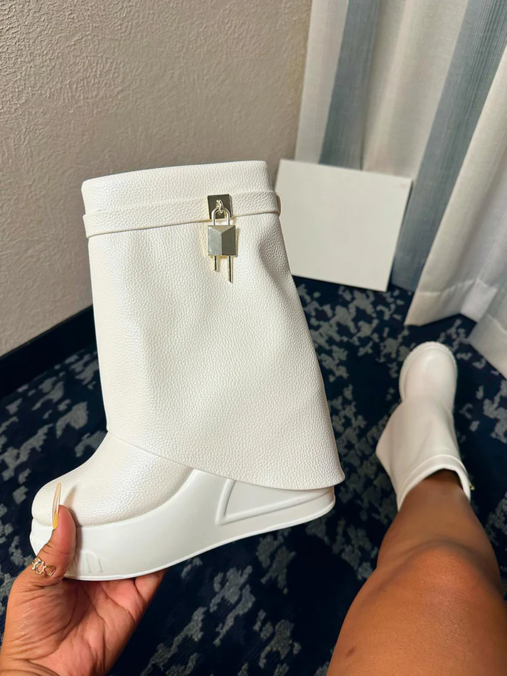 Lock Key Leather Wedge Boots