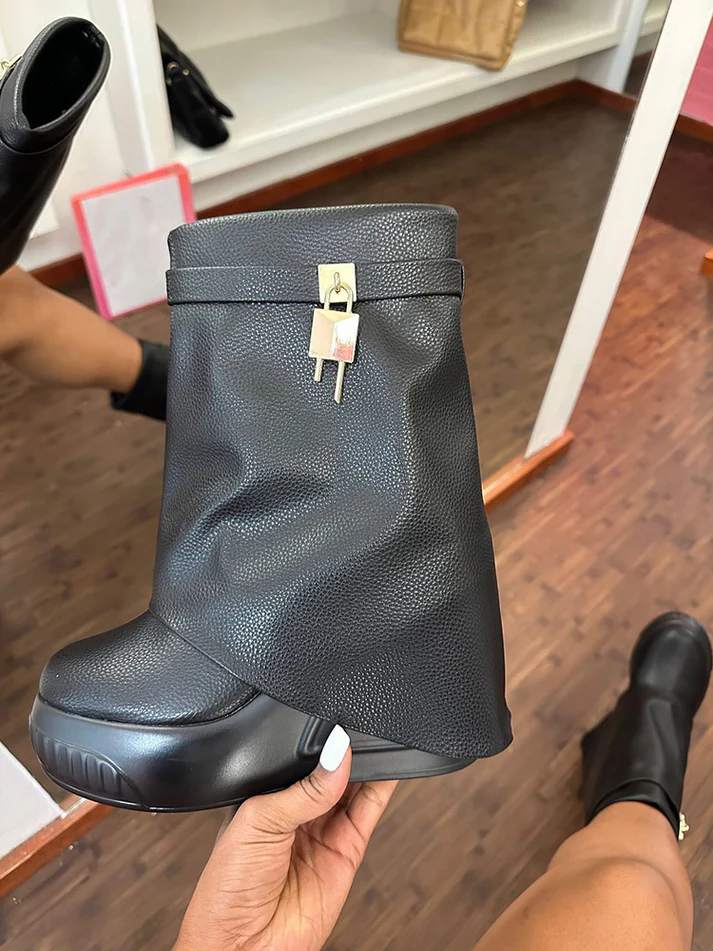 Lock Key Leather Wedge Boots