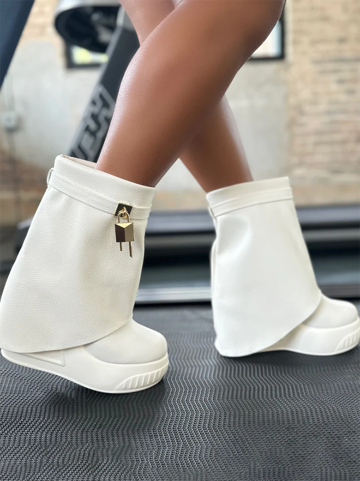 Lock Key Leather Wedge Boots