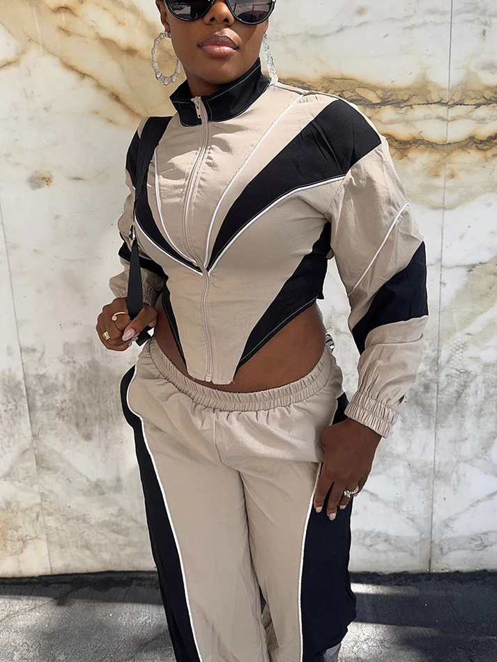 Colorblock Cropped Jackets and Track Pant Sets