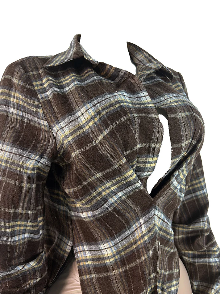 V-neck Plaid Slit Blouses