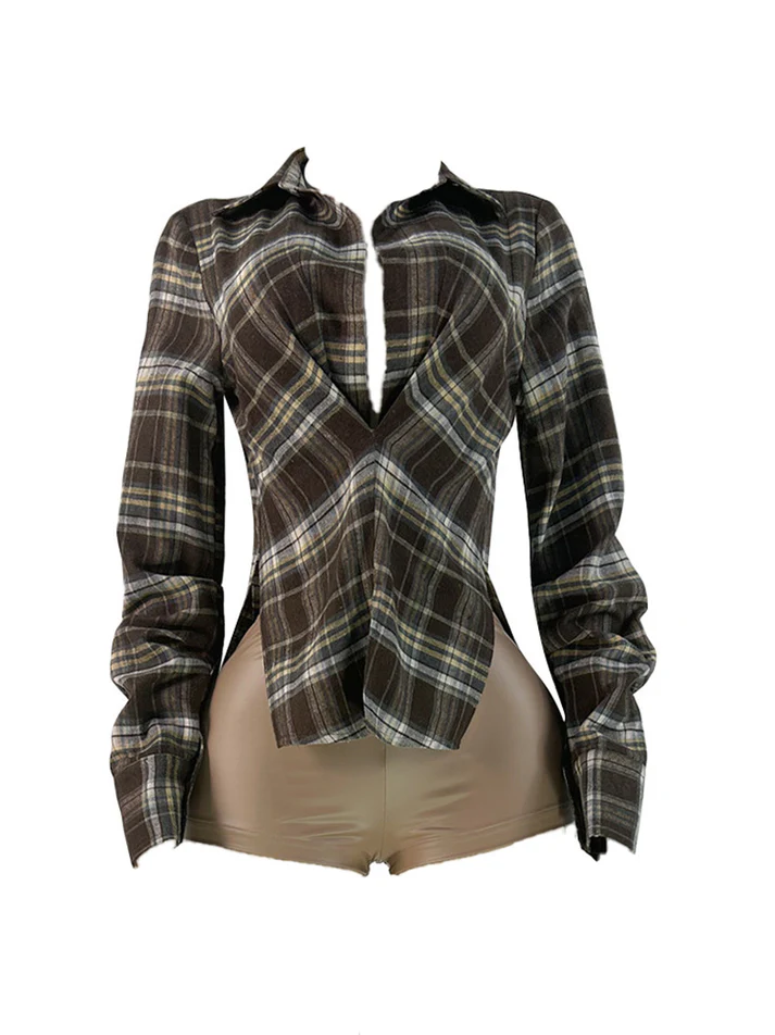 V-neck Plaid Slit Blouses